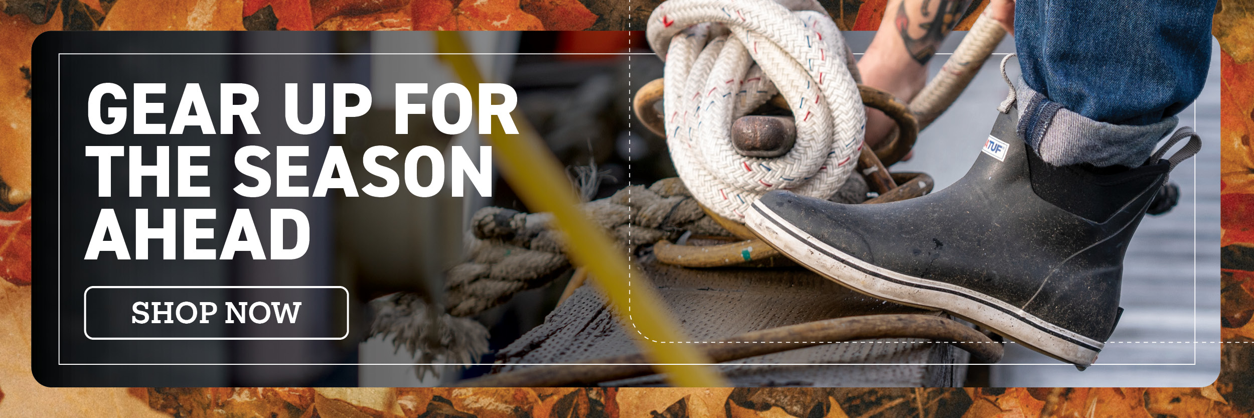 Fall essentials featuring XTRATUF footwear, ShelterLogic outdoor shelters, and storage solutions for seasonal work and organization.
