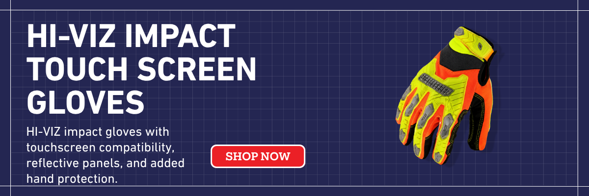 Ironclad Hi-Viz Impact Touch Screen Command Series work gloves with reflective panels, impact protection and touchscreen-compatible palm and fingers.