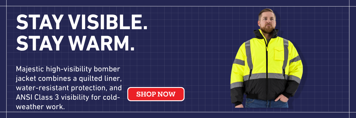 Majestic Glove high-visibility Class 3 bomber jacket with quilted liner, waterproof construction and black bottom for cold-weather work.