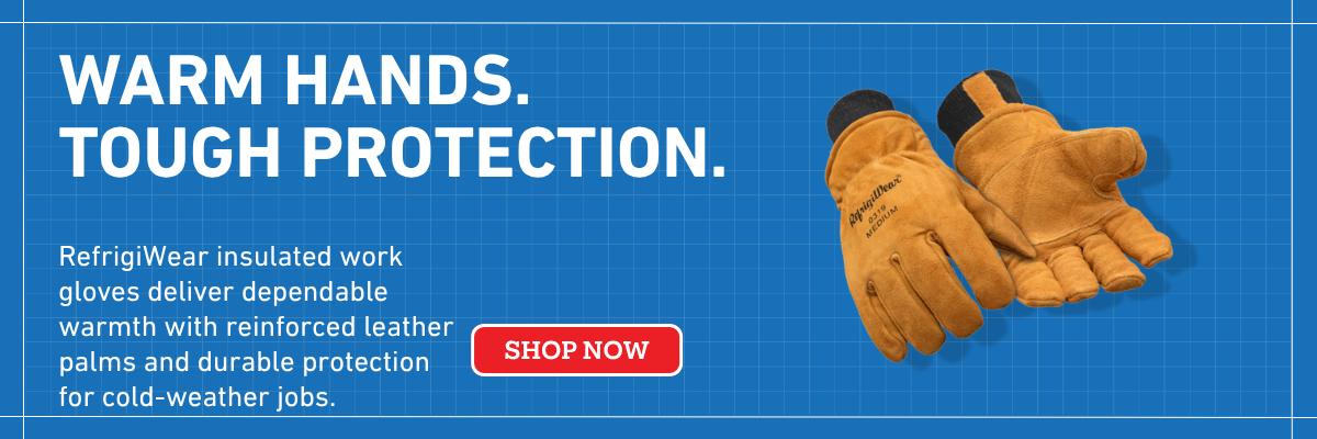 RefrigiWear insulated general-purpose work gloves with reinforced leather palms and knit wrist cuffs for cold-weather hand protection.
