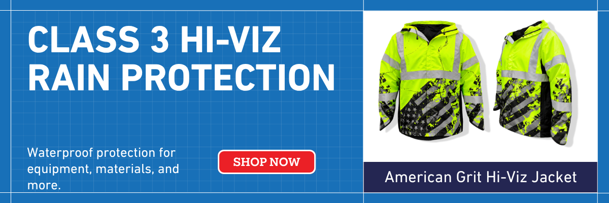 SafetyShirtz SS360 American Grit Hi-Viz Rain Jacket with waterproof nylon shell, reflective striping and adjustable hood for enhanced visibility in wet conditions.