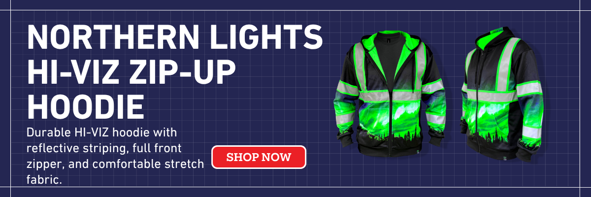 SafetyShirtz SS360 Northern Lights Zip-Up Hoodie with high-visibility reflective striping, full front zipper and warm fleece lining for enhanced jobsite visibility.