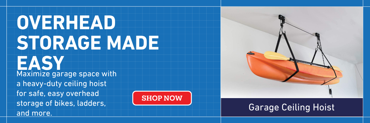 Shop overhead storage garage ceiling hoist. Store ladders, kayaks and much more.