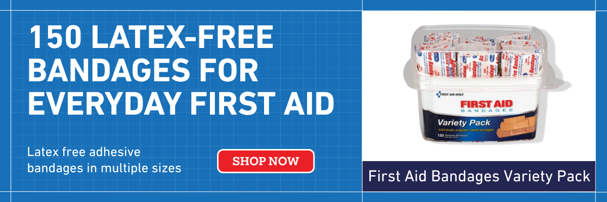 Latex-free adhesive bandages in a 150-count package for home, workplace, or travel first aid kits.