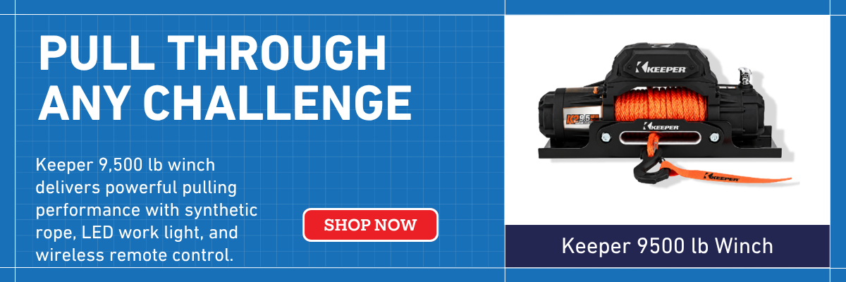 Keeper 9,500 lb winch with synthetic rope, hawse fairlead and wireless remote for heavy-duty pulling and recovery.