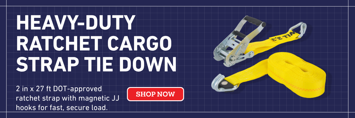 2-inch x 27-foot heavy-duty ratchet cargo tie-down strap with magnetic JJ hooks for secure load fastening and transport.