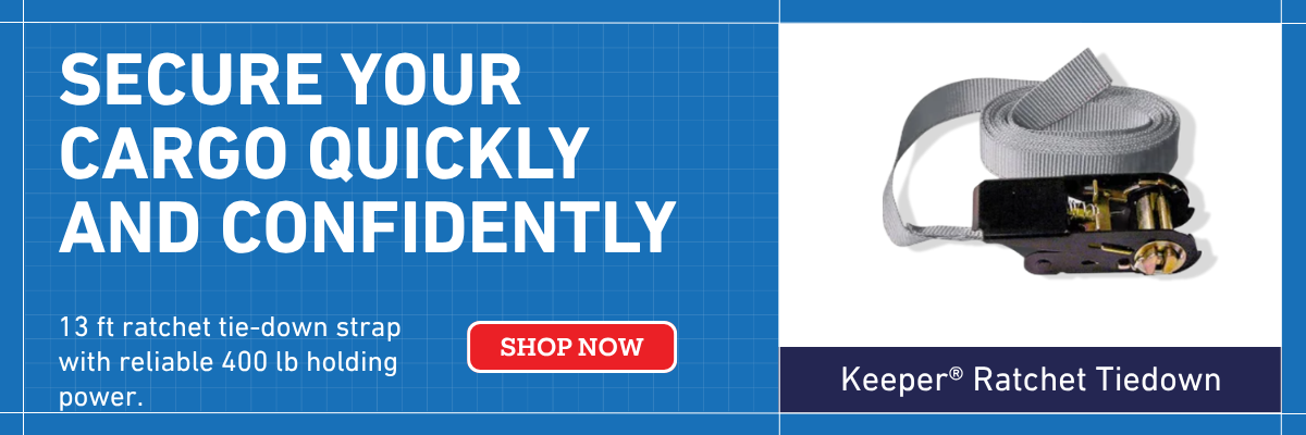 Keeper 85512 general purpose ratchet tie-down strap, 13 feet long with 400 lb load capacity, designed for securing cargo during transport.