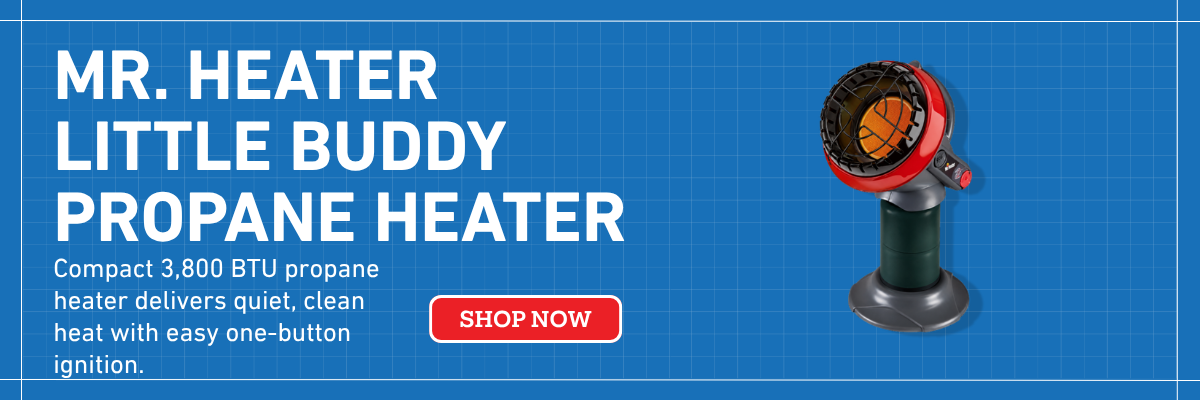 Mr. Heater Little Buddy F215100 portable propane heater with 3,800 BTU heat output, compact 8-inch round stand and connection for a 1 lb propane cylinder.