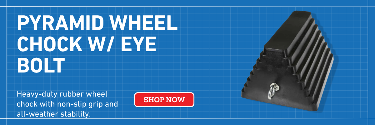8-inch rubber pyramid wheel chock with eye-bolt, heavy-duty non-slip wheel stop for securing parked vehicles and trailers.