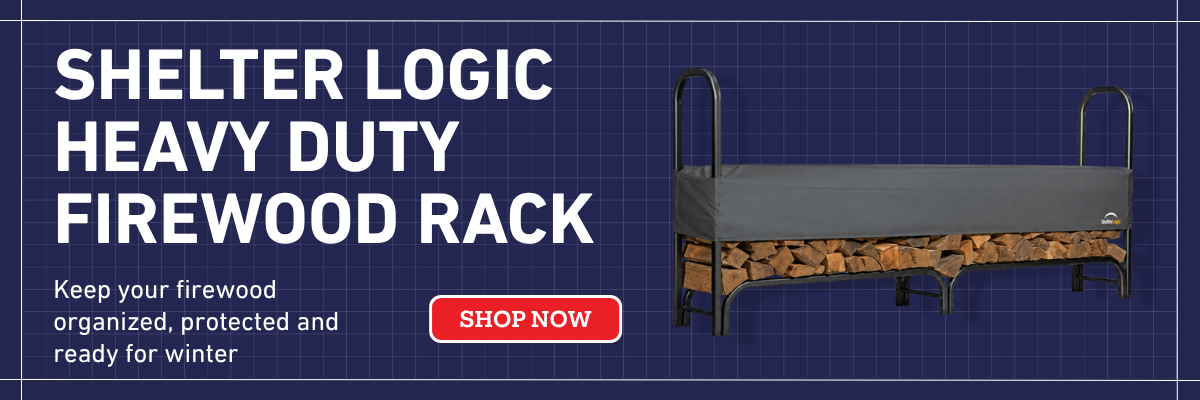 ShelterLogic® Heavy Duty Firewood Rack with Cover displayed outdoors, holding neatly stacked seasoned firewood beside a patio and fire pit.