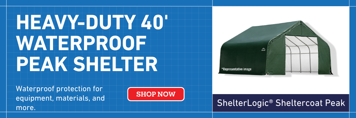 ShelterLogic 16' x 40' x 16' ShelterCoat Peak waterproof polyethylene storage shelter with heavy-duty steel frame.