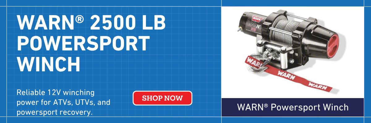 WARN 101025 Powersport winch with 2,500 lb pulling capacity and 12 VDC motor for ATVs, UTVs, and off-road vehicles.